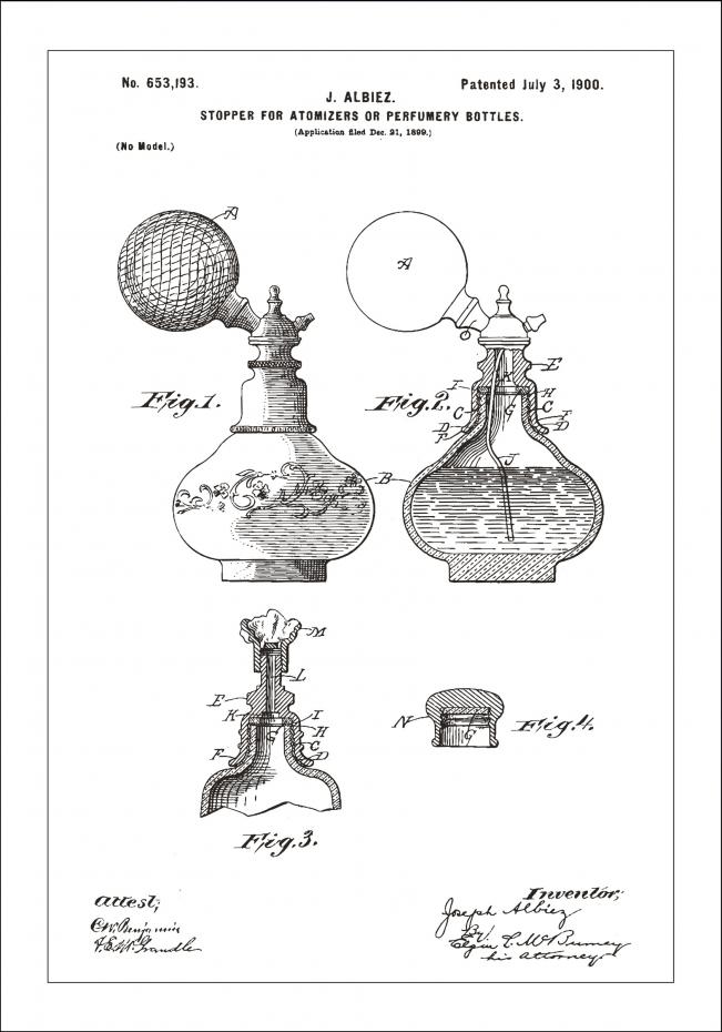 Patenttegning - Parfumeflaske A - Hvid Plakat