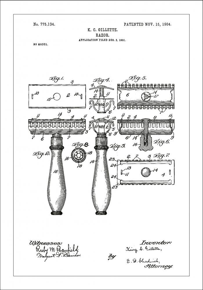 Patenttegning - Barberskraber - Hvid Plakat