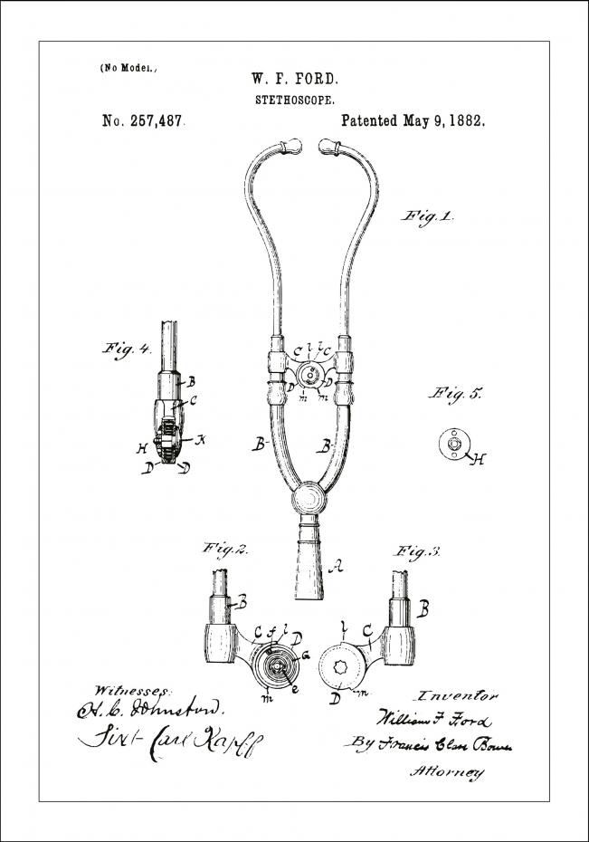 Patenttegning - Stetoskop - Hvid Plakat