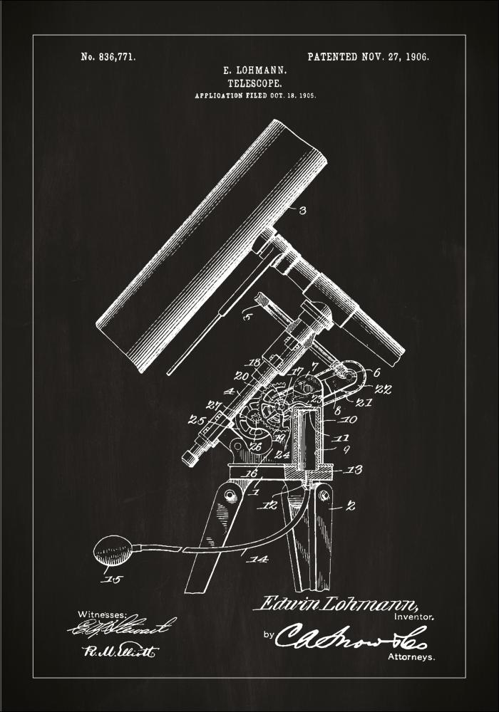 Patenttegning - Teleskop - Sort Plakat